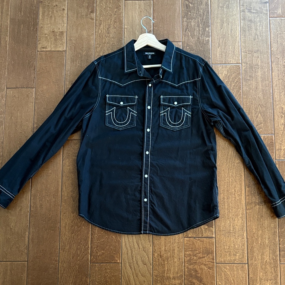 True Religion Black Western Button-Down Shirt with White Contrast Stitching